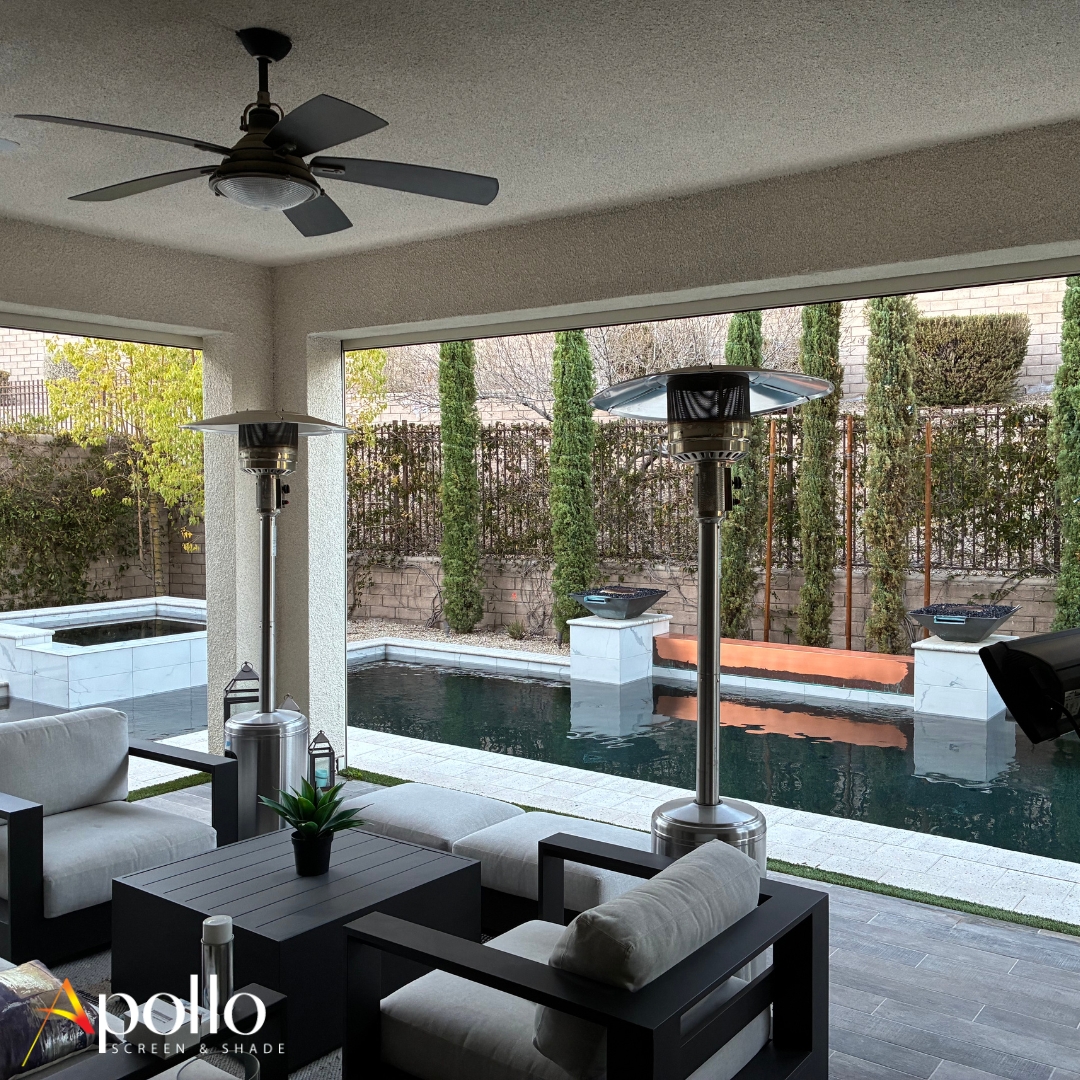 Apollo's Pool Side Patio Motorized Screen Inside View.